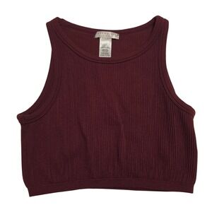 Rose + Vine Ribbed Knit Sleeveless High Neck Crop Tank Top Burgundy Maroon XS/S